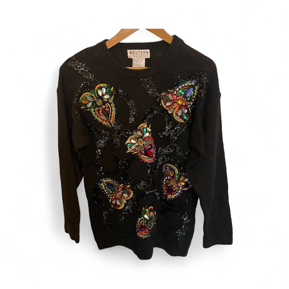 VTG Western Connection NWT 80s Sweater Beaded L Glam Sequin Gemstone Abstract